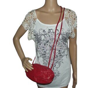 Vintage LORE Red Leather Purse Crossbody Bag perforated double straps zip small